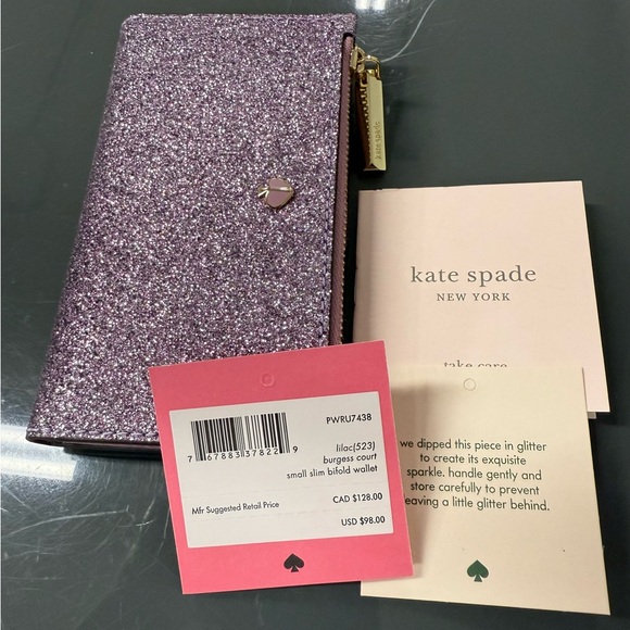 Kate Spade Burgess Court Small Slim Bifold Wallet Glitter Lilac Pink Purple - Picture 1 of 15